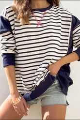 LIZAKOSHT  -  Exposed Seam Striped Long Sleeve Sweatshirt